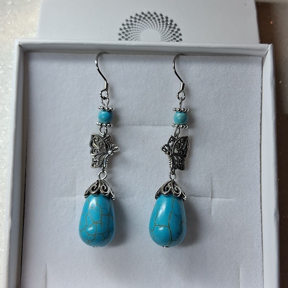 S925 Sterling Silver and Turquoise Drop Butterfly  Earrings